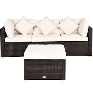 4 -Pieces Wicker Patio Conversation Sets Ottoman Garden Patio Rattan Wicker Furniture Set with White Cushion