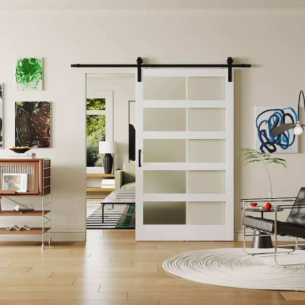 48 in. W. x 84 in. 5-Panel, Frosted Glass, White, Can't Be Painted, Finished MDF Sliding Barn Door with Hardware Kit