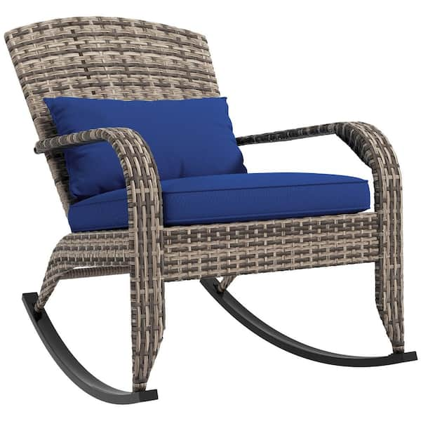 Grey Rattan Wicker Outdoor Rocking Chair with Dark Blue Cushions ...