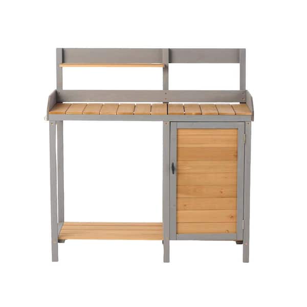 Siavonce Outdoor Potting Bench, Wooden Workstation Table with Cabinet for Backyard Garden Supplies