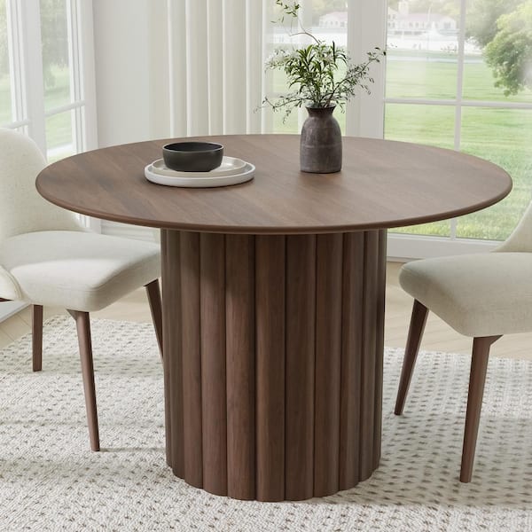 Lirago Round Walnut Wood 52 in. Column Base Dining Table Seats 6