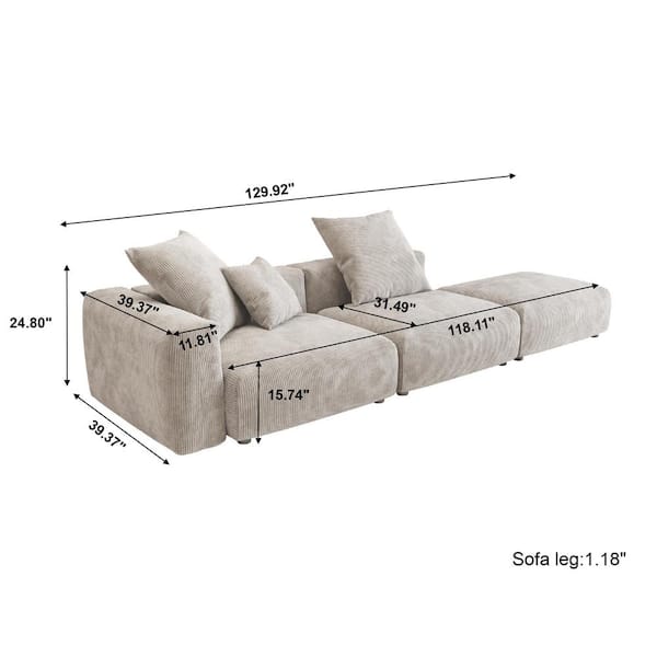 J&E Home 130 in. Square Arm 3-piece Corduroy Modular