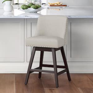 26 in. Wood 360° Free Swivel Upholstered Bar Stool with Back, Performance Fabric in Oyster Gray
