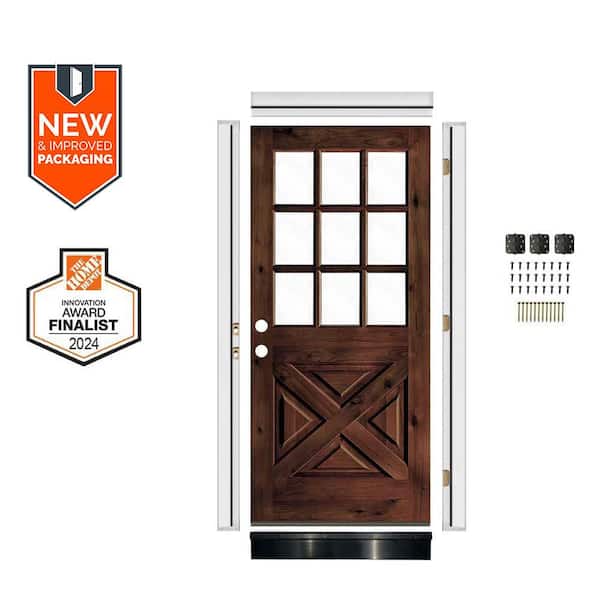 32in. x 80in. X-Panel Right-Hand 1/2 Lite Clear Glass Red Mahogany Stain Stain Wood Front Door Kit w/Quick Assemble Jamb