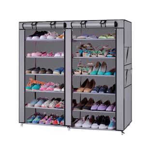 44" Double Row Portable Shoe Rack Closet Fabric Cover Storage Organizer Cabinet 