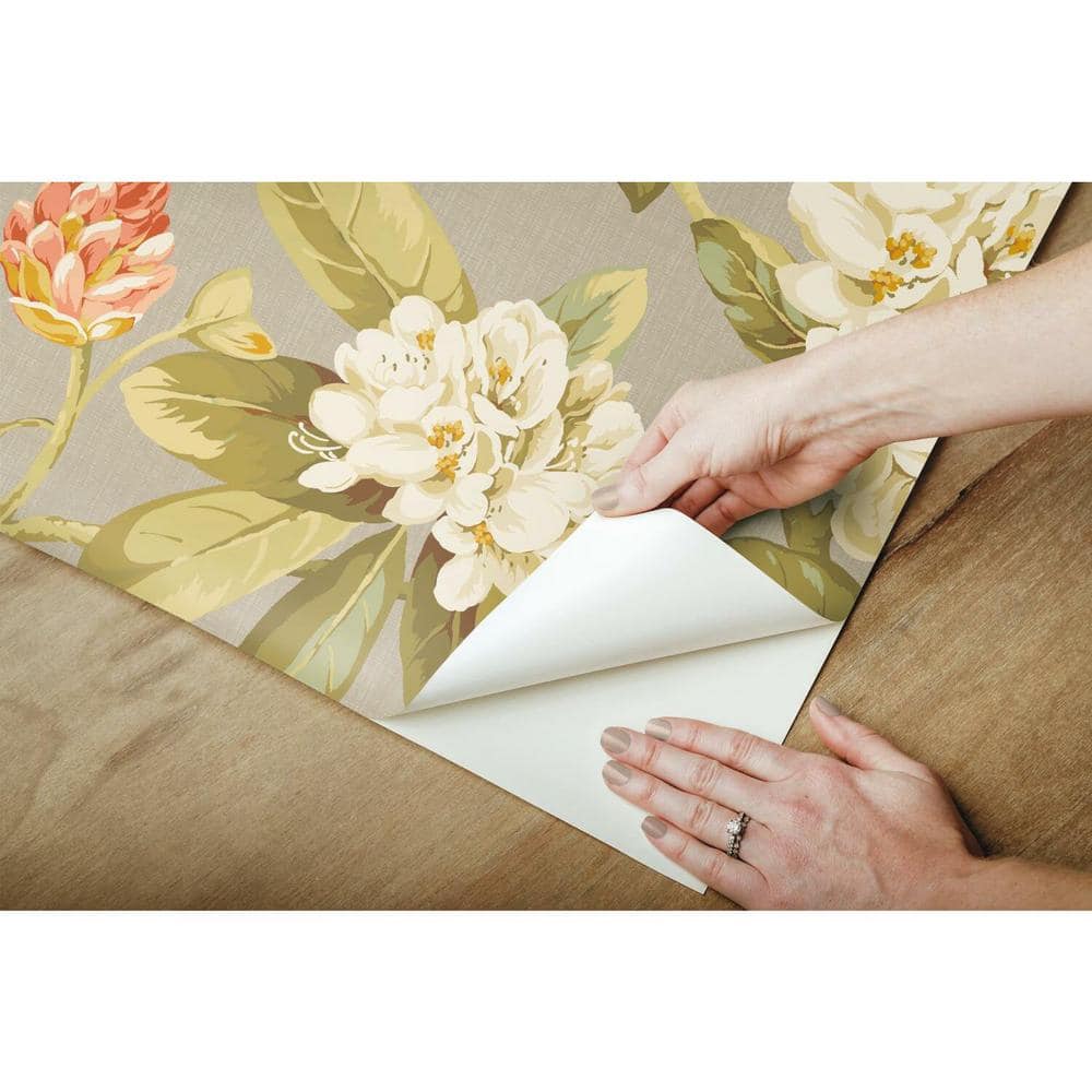 Taupe and Green Floral Peel and Stick Wallpaper Roll