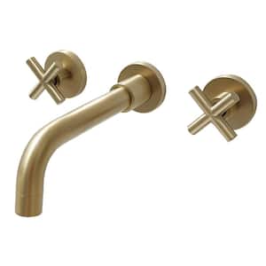 Double-Handle Wall Mounted Bathroom Faucet Brass 3-Holes Bathroom Sink Basin Taps in Brushed Gold