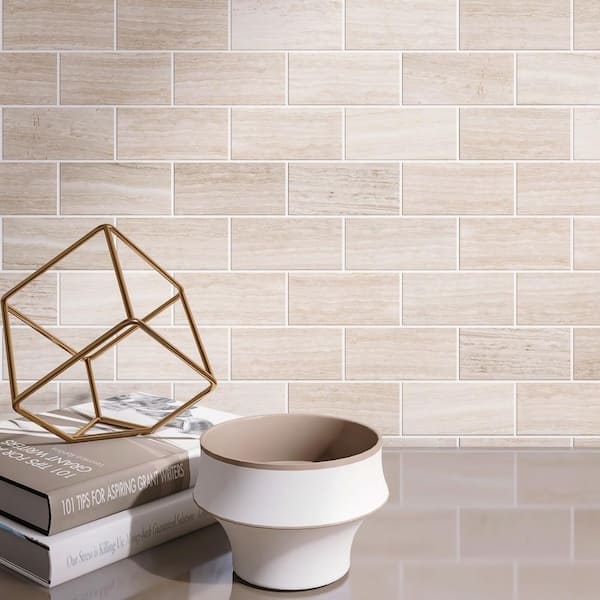 Wooden Beige 11.82 in. x 11.82 in. Brick Joint Polished Marble Mosaic Tile (9.7 sq. ft./Case)