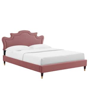 Neena Red Performance Velvet Frame Twin Platform Bed with Wood Legs with Gold Metal Sleeves