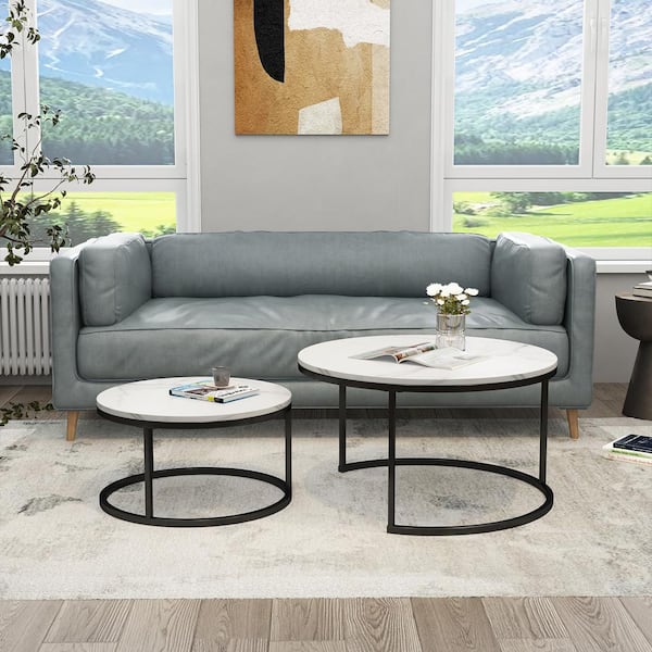 URTR 35.04 in. W Natural Light Brown Small Round Wood Coffee Table with Metal Frame for Living Room, Office, Bedroom