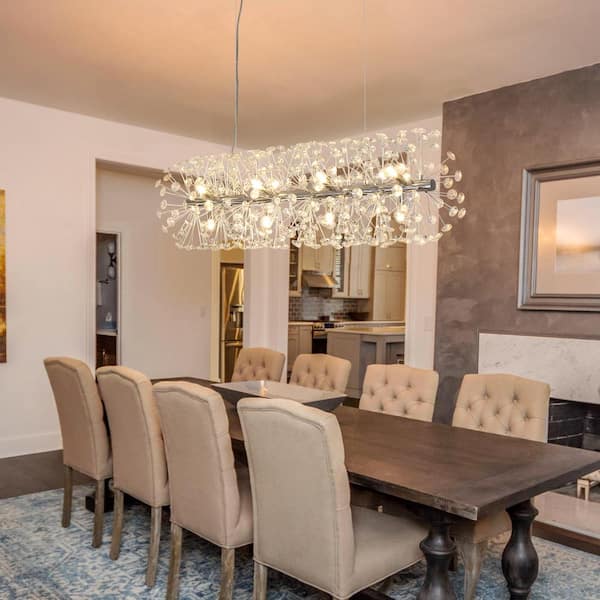12-Light Chrome Modern Glam Pendant Dandelion Firework Crystal Chandelier for Dining Room