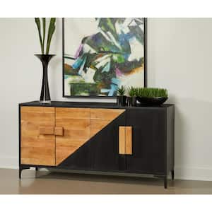 Methone Natural and Black Wood Top 63 in. Credenza with 4-Doors Fits TV's up to 55 in.