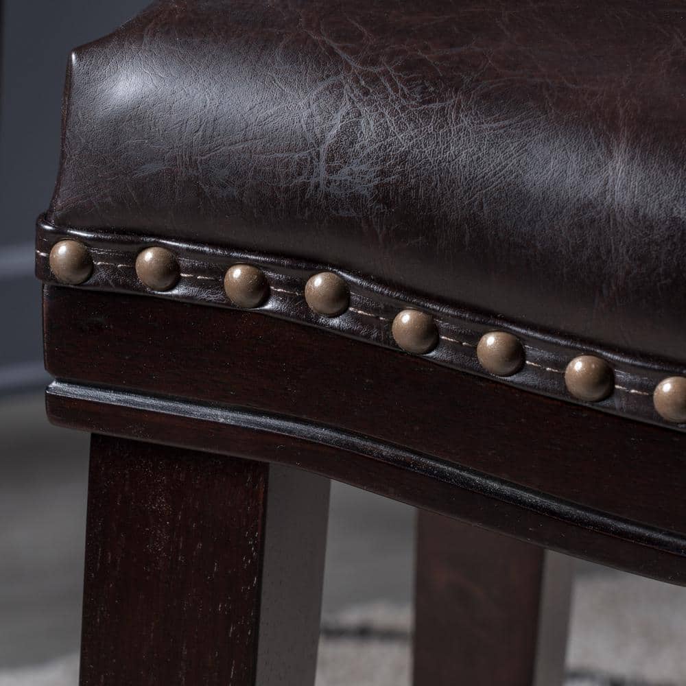 Brown Wood Saddle Counter Stools with Dark Brown Upholstered Seat, Set of 2