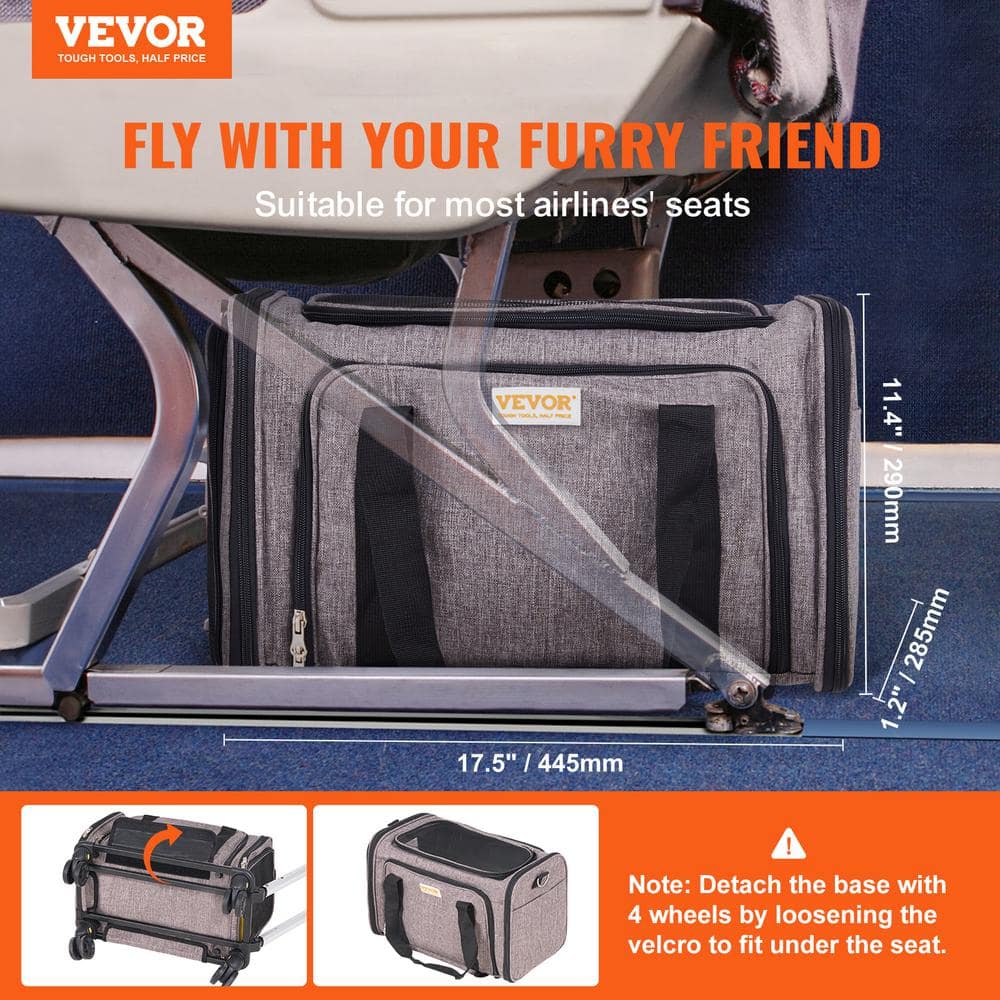 Large Gray Soft-Sided Rolling Pet Carrier with Telescopic Handle