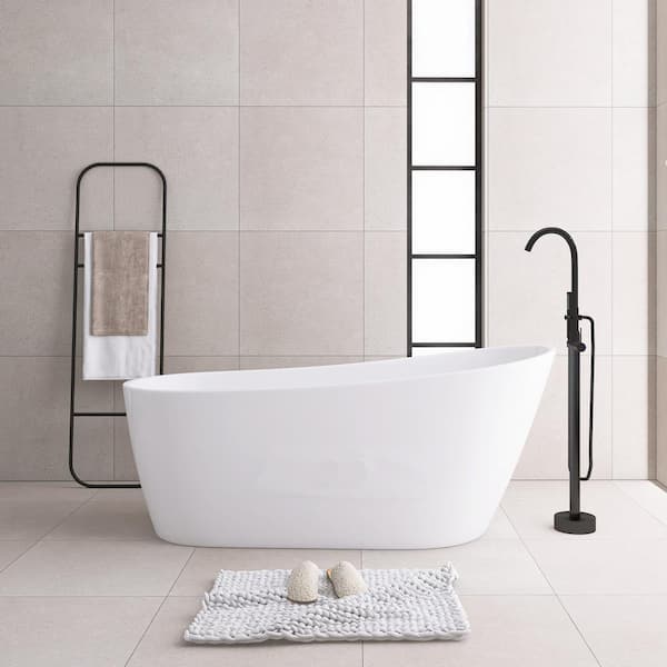 JimsMaison 60 in. Acrylic Freestanding Flatbottom Soaking Single Slipper Bathtub in Glossy White with Drain