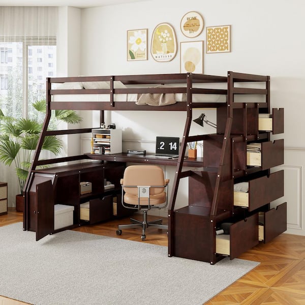 Espresso Wood Full Size Loft Bed with Desk, 2 Shelves and 7 Drawers