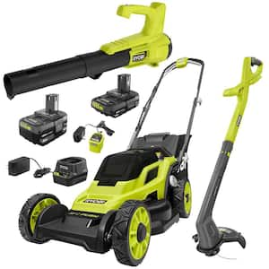 ONE+ 18V 13 in. Cordless Battery Push Lawn Mower, String Trimmer, Blower w/ 4.0 Ah & 2.0 Ah Battery & (2) Chargers