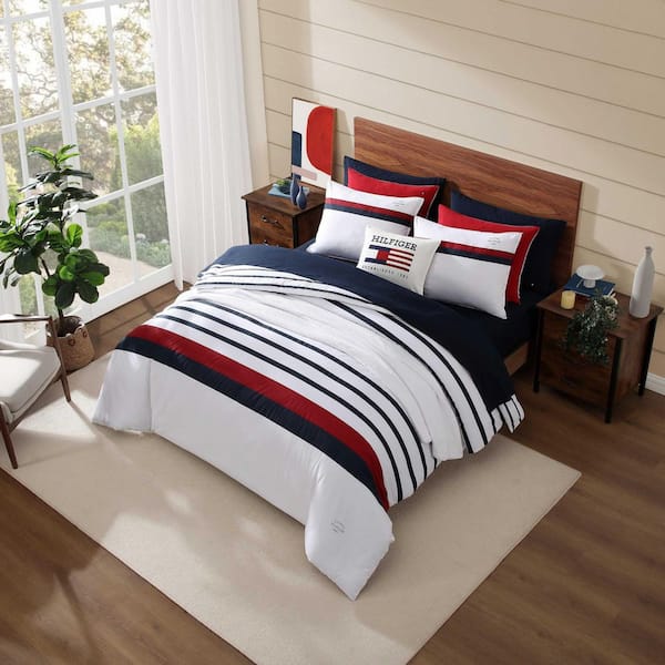 トミーヒルフィガー　クィーンサイズ　掛け布団 Tommy Hilfiger Tommy Classic Stripe 3-Piece White/Red/Navy Blue