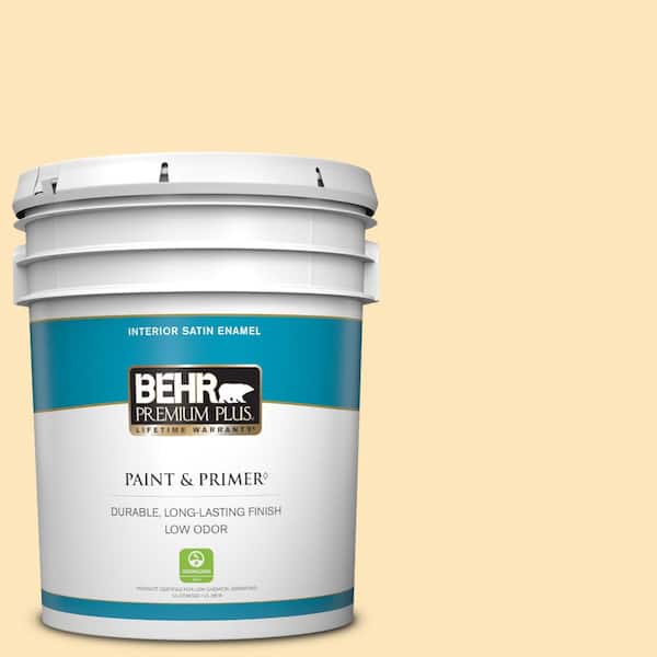 BEHR PREMIUM PLUS 5 gal. #350C-2 Banana Cream Satin Enamel Low Odor Interior Paint & Primer