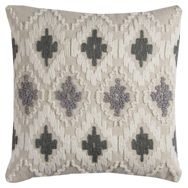Natural, Gray Solid Polyester 20 in. x 20 in. Throw Pillow