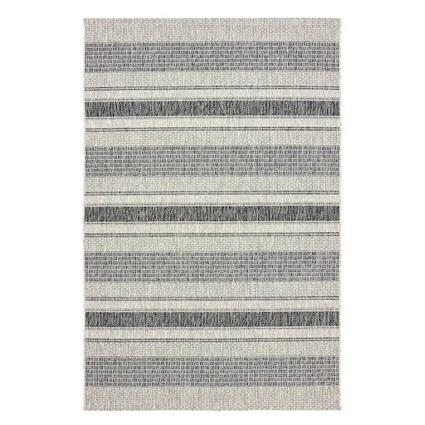 LR Home Silveria Patio Gray/Black 1 ft. 10 in. x 3 ft. Modern Distress Striped Indoor/Outdoor Rectangle Area Rug