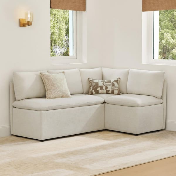 Ellis 4-Piece Linen Fabric L Shaped Dining Chair with Lift Top Storage and Reversible Cushions, Mid Century Banquette