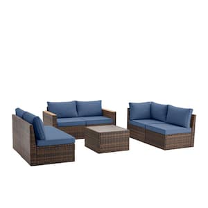 7-Pieces Brown Durable Wicker Patio Conversation Set,Outdoor Couch Sectional Sofa,with Blue Cushions,for Backyard,Lawn