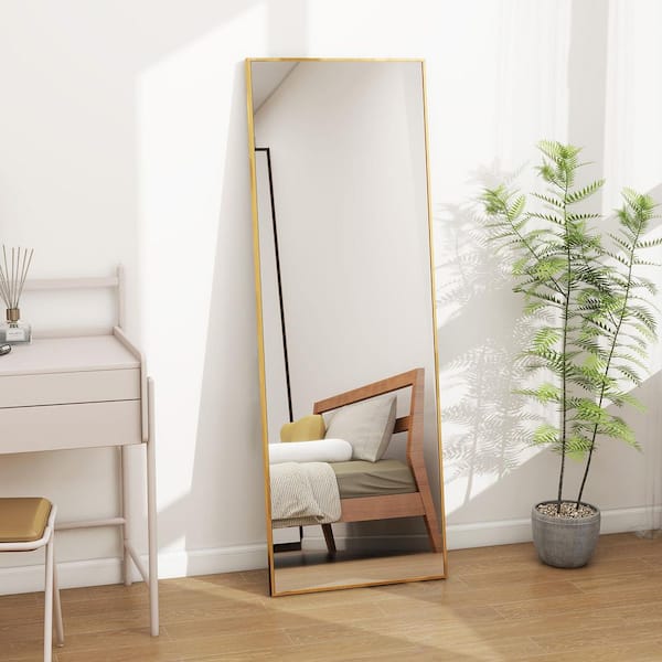 64 in. x 21 in. Full Length Rectangular Frame Top Bathroom Vanity Mirror with Floor Standing, Hanging or Leaning in Gold