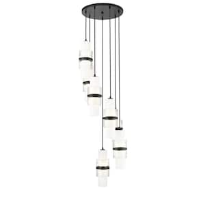 Cayden 18 in. 7-Light Matte Black Round Chandelier with Clear Plus Etched Opal Glass Shades