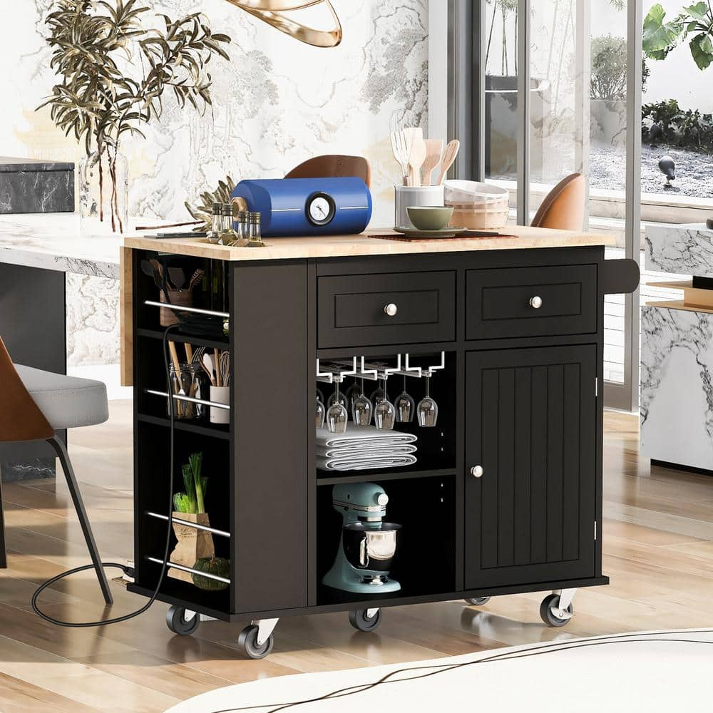 FAMYYT Rolling Black Drop Leaf Rubber Wood Tabletop 40 in. Kitchen Island with Power Outlet, Wine Rack and Adjustable Shelves