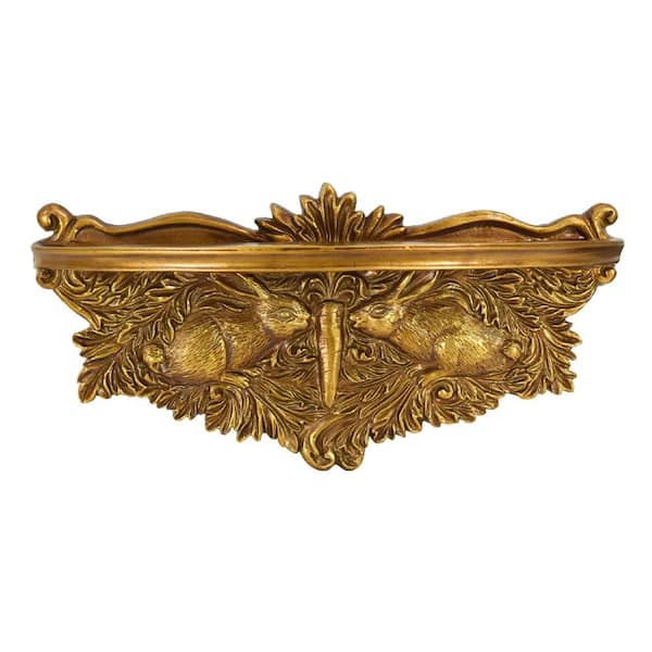 Ornate Gold Resin Rabbit Wall Shelf, Manor Baroque Floating Decor, 15.25 x 7.5 x 4 in., Antique Style Leaf Accent