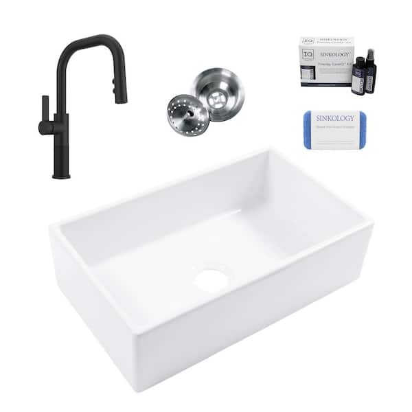 SINKOLOGY Turner 30 in. Farmhouse Apron Front Undermount Single Bowl Crisp White Fireclay Kitchen Sink with Black Faucet Kit