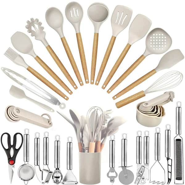 Wudkey 35-Piece Khaki Heat Resistant Food Grade Silicone and Wooden Handles Cooking Utensils Set for Nonstick Cookware
