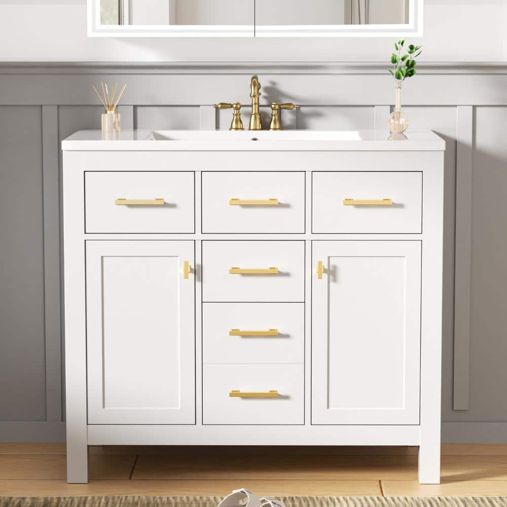 FAMYYT 36 in. Single Sink Freestanding White Solid Wood Framed