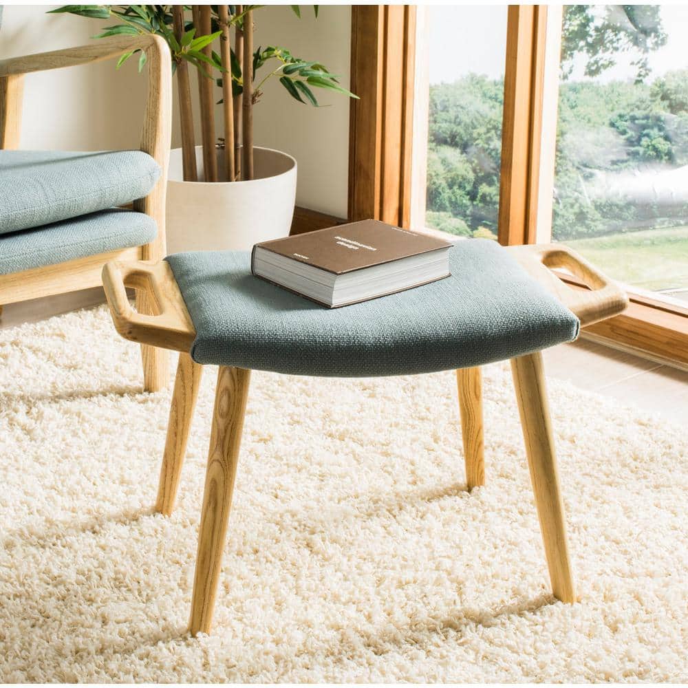 Yara Transitional Elm Wood Bench with Sea Blue Cushion