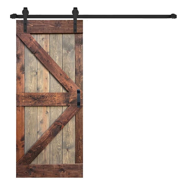 ISLIFE K Series 38 in. x 84 in. Brown/Walnut Finished Solid Wood Sliding Barn Door with Hardware Kit - Assembly Needed