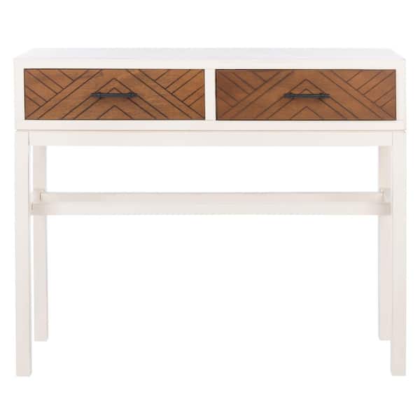 SAFAVIEH Ajana 13 in. Distressed White Honey Brown Drawer Rectangle Wood Console Table with Drawer
