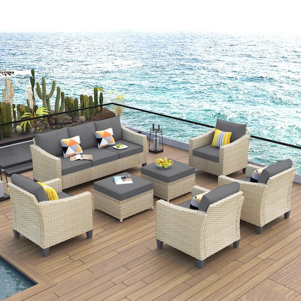 HOOOWOOO Oconee Beige 7-Piece Beautiful Outdoor Patio Conversation Sofa Seating Set with Dark Grey Cushions
