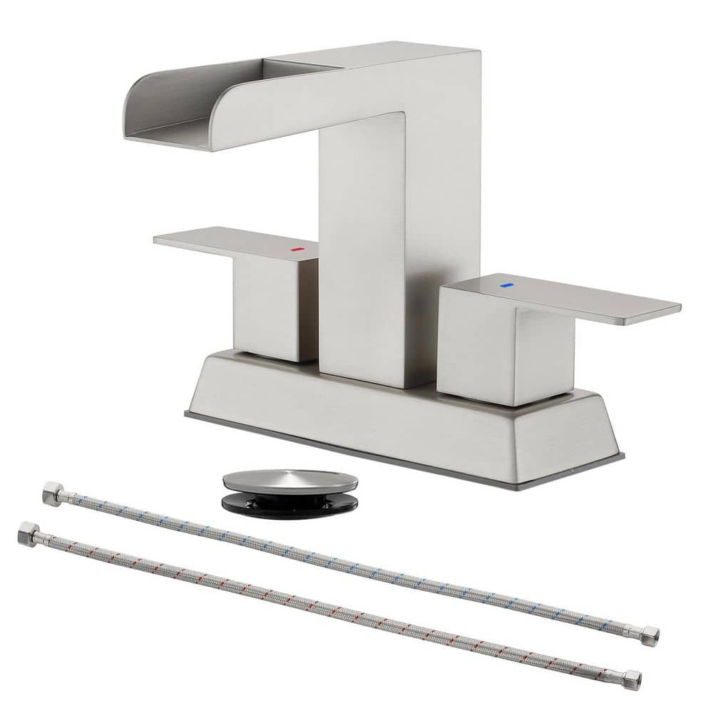 4 in. Centerset Double Handle Waterfall Bathroom Faucet with Drain Kit, Squ