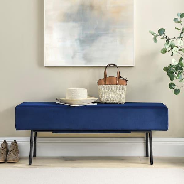 Unbranded Blue Contemporary 45 in. Velvet Upholstered Bedroom Bench Without Back with Steel Legs