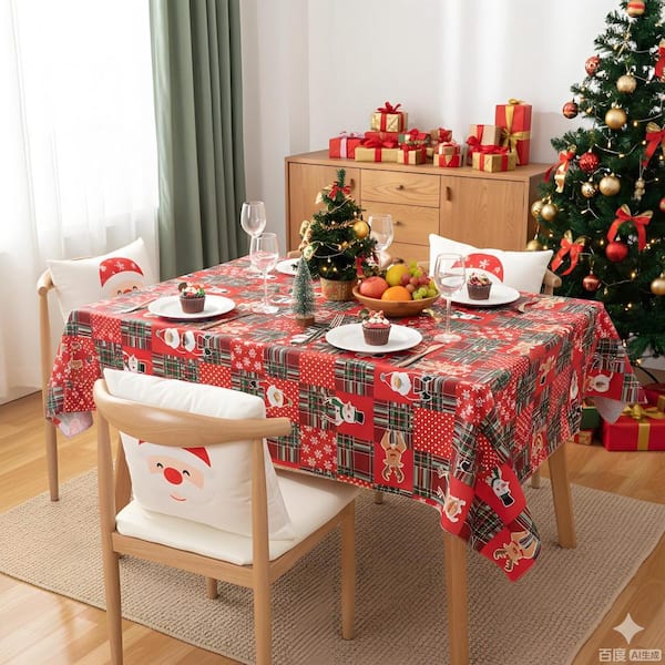 60'' X 84'' Christmas Table Cloth Waterproof Vinyl Tablecloths with Flannel Backing Spillproof Plastic Tablecloth