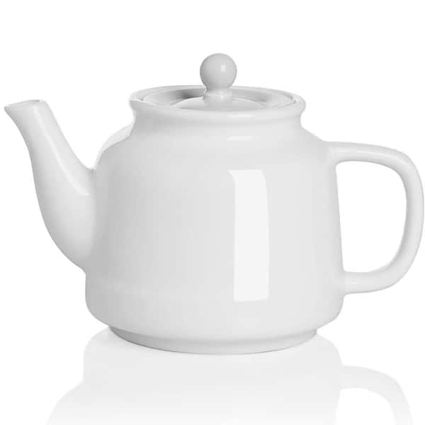 4-Cup White Classic Porcelain Microwave Dishwasher Safe Tea Pot with Removable Stainless Steel Infuser Teapot