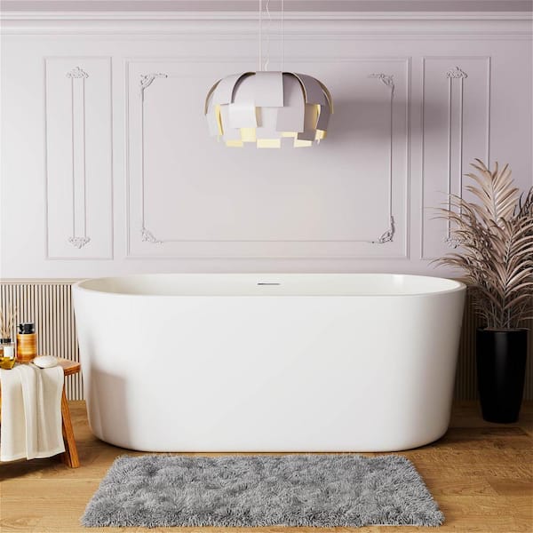 INSTER 65 in. Modern Acrylic Flatbottom Freestanding Luxury Tub Curve Edge Soaking Non-Whirlpool Bathtub in White