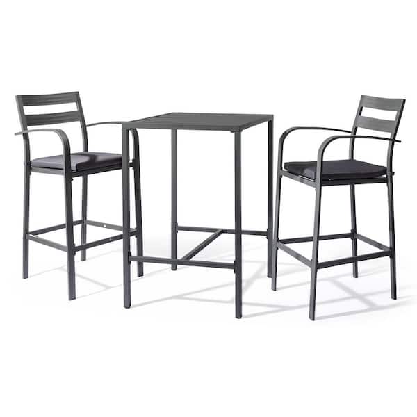 3-Piece Bar Set Gray Aluminum Frame Stool and Table with 2 cushions
