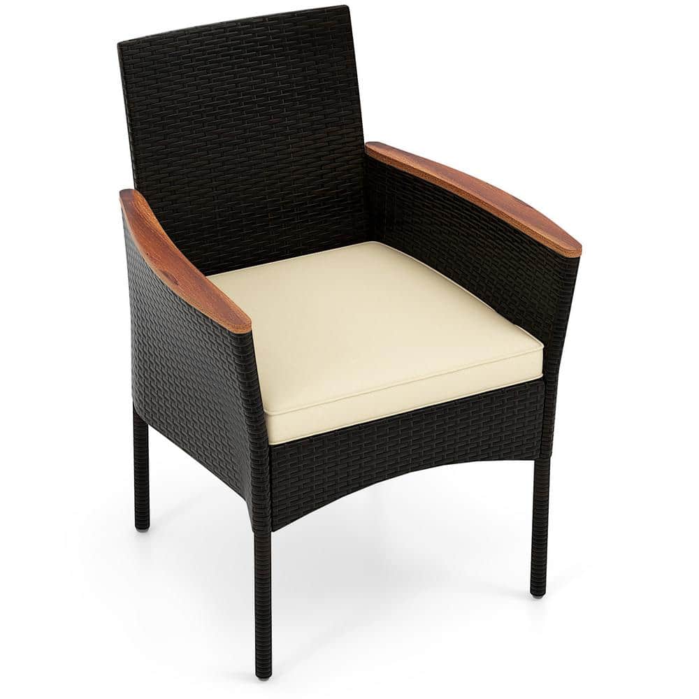 7-Piece Brown Acacia Wood and Rattan Dining Set with Beige Cushions