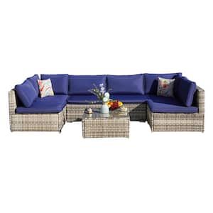 Light Gray 7-Piece Wicker Outdoor Sectional Sofa Set Patio Funiture Set with Navy Cushions and Coffee Table