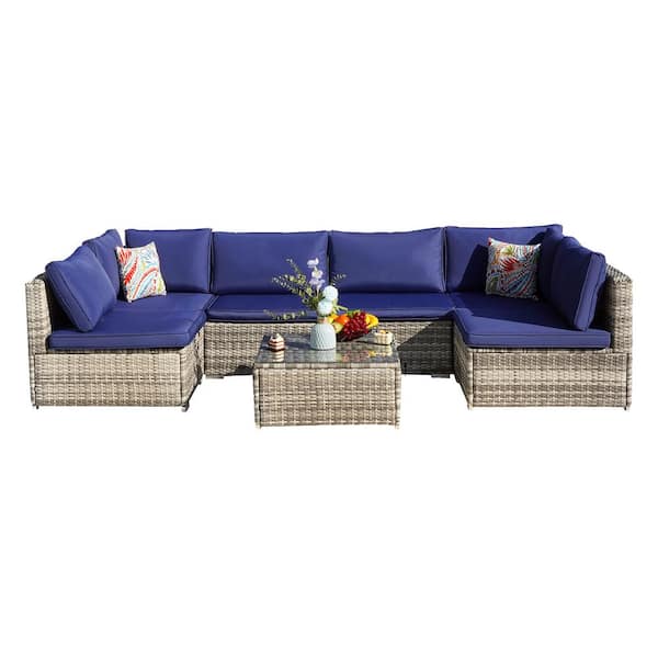 Unbranded Light Gray 7-Piece Wicker Outdoor Sectional Sofa Set Patio Funiture Set with Navy Cushions and Coffee Table