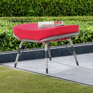 Gray Wicker Outdoor Ottoman with Red Cushion 1 Pack