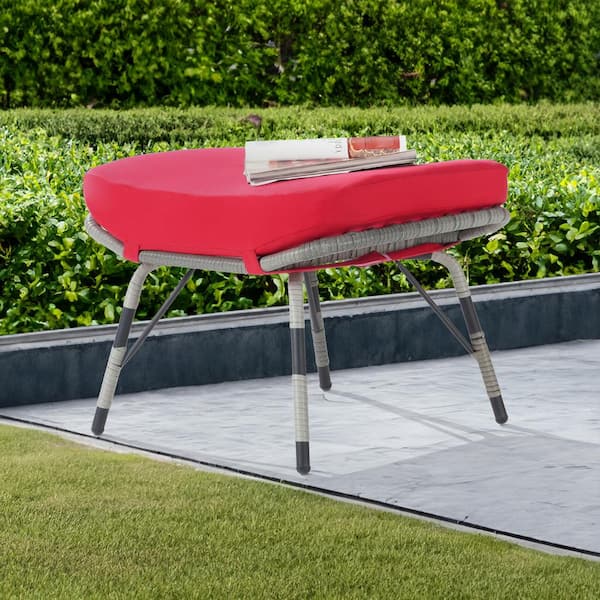 BFB Gray Wicker Outdoor Ottoman with Red Cushion 1 Pack
