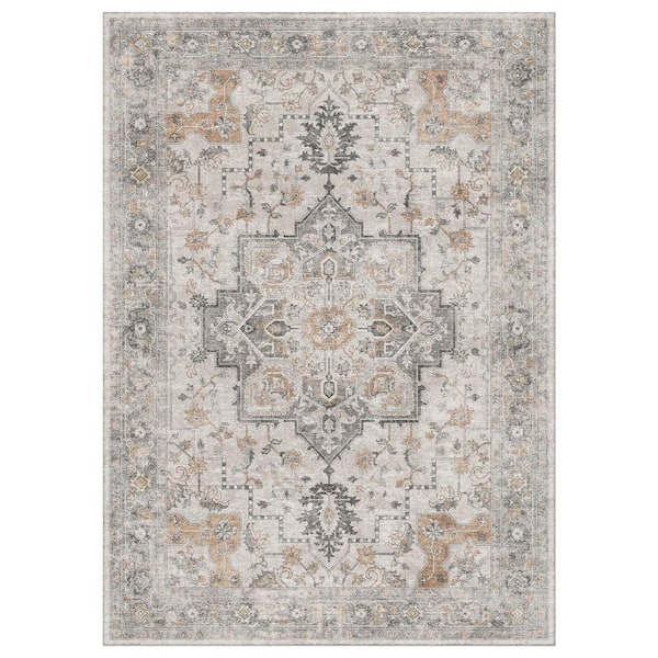 Limlok Medallion Light Taupe Brown 6 ft. x 9 ft. Persian Area Rug